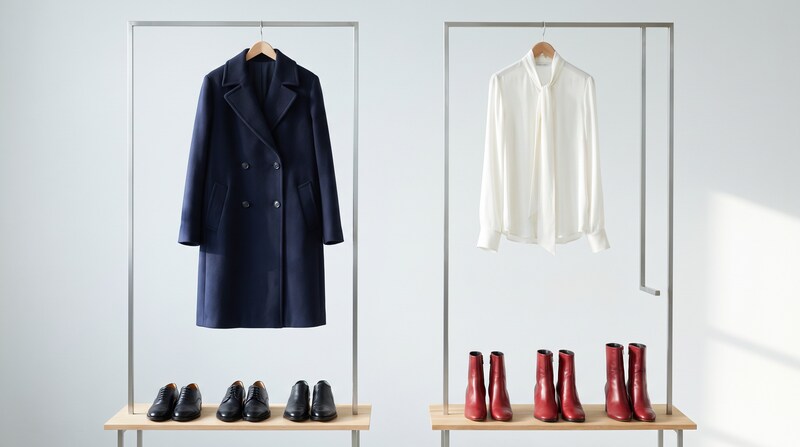 A blue coat beside a white blouse and red boots
