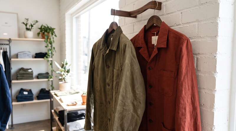 Two colorful jackets on hangers in a clothing shop