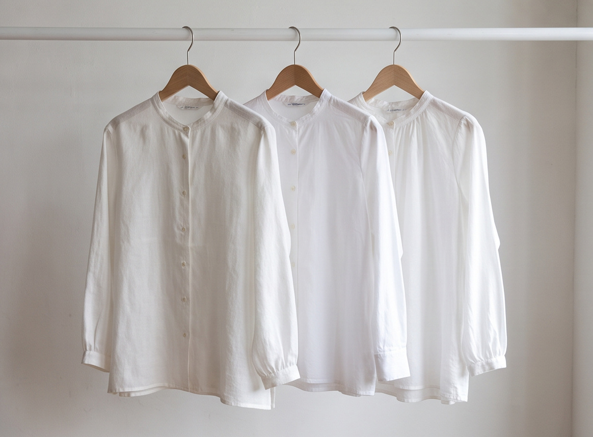 Three white blouses arranged on hangers