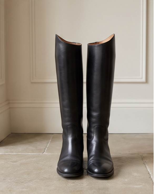 A pair of black boots in a shop