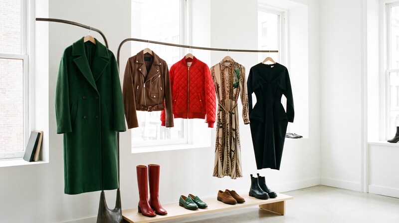 Boutique display with red boots below the clothes rack