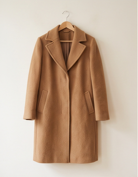 A long camel coat displayed on its own