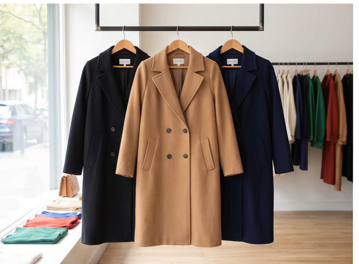 Several coats displayed together in a boutique