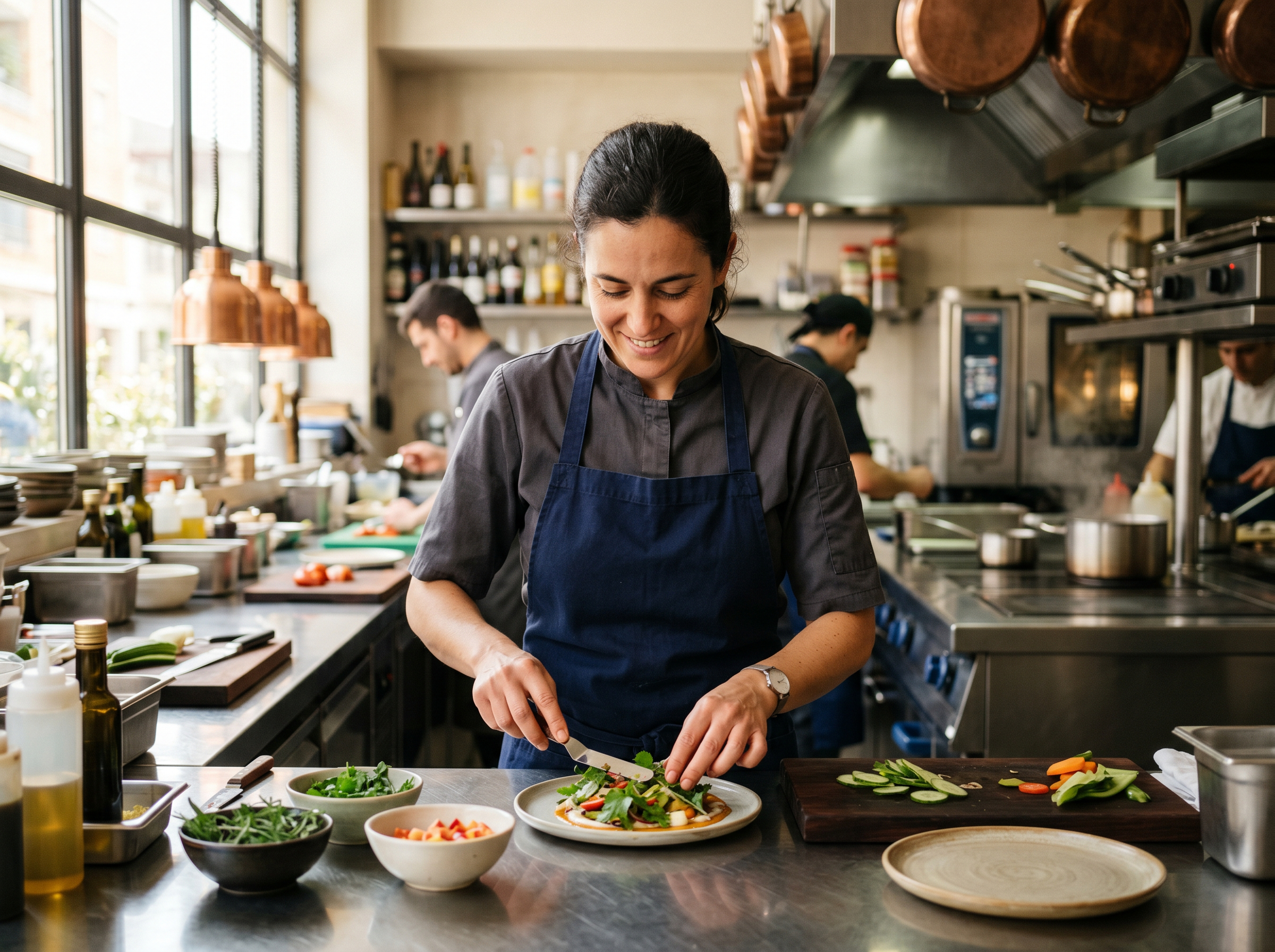 A female cook preparing food in a professional kitchen