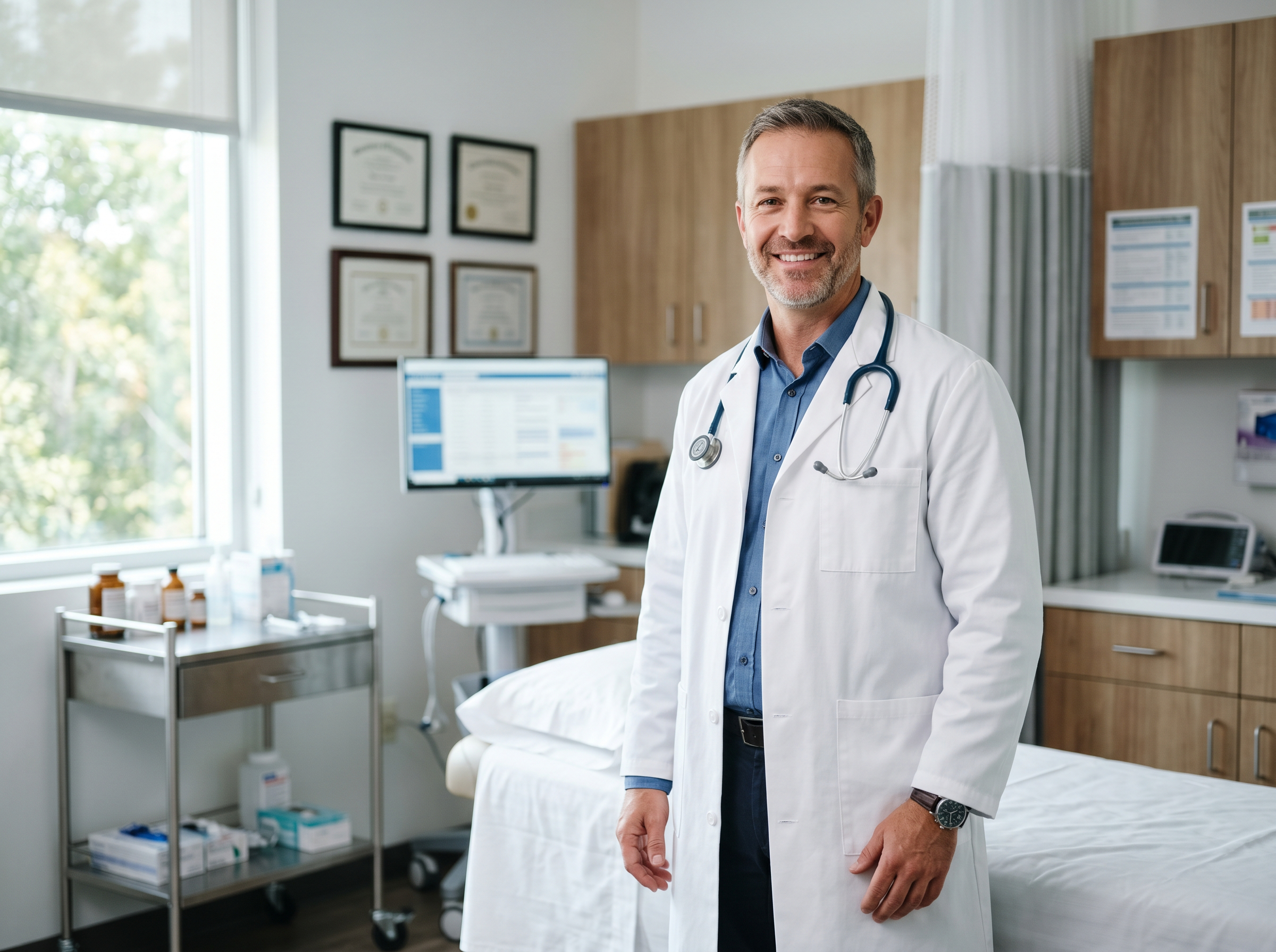 A male doctor standing in a bright medical office