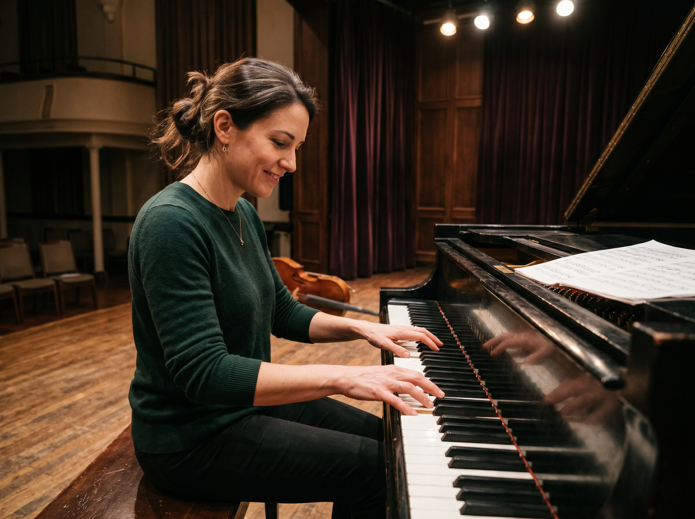 A female pianist playing a grand piano on a small stage