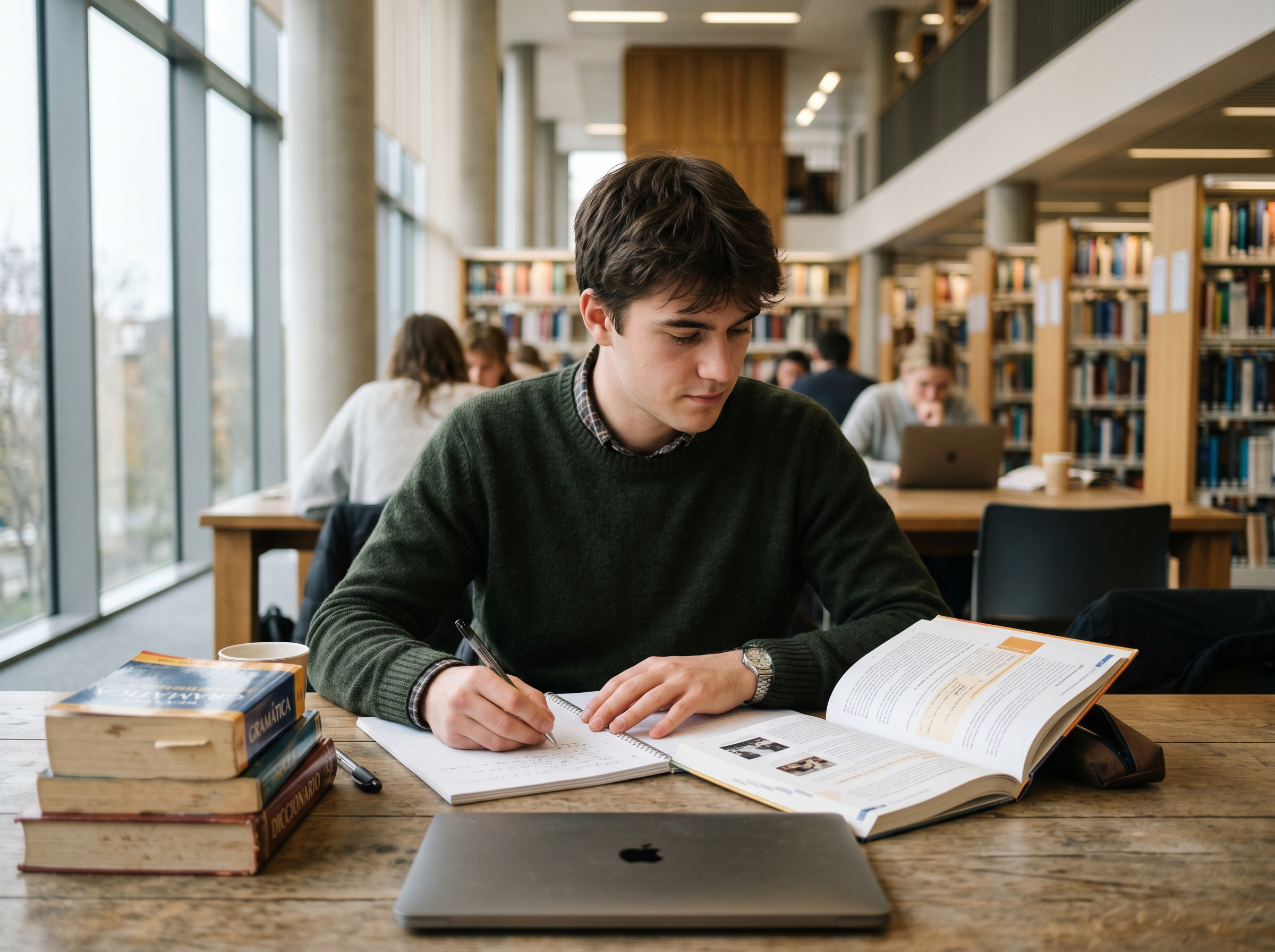 A male student writing notes at a library study table