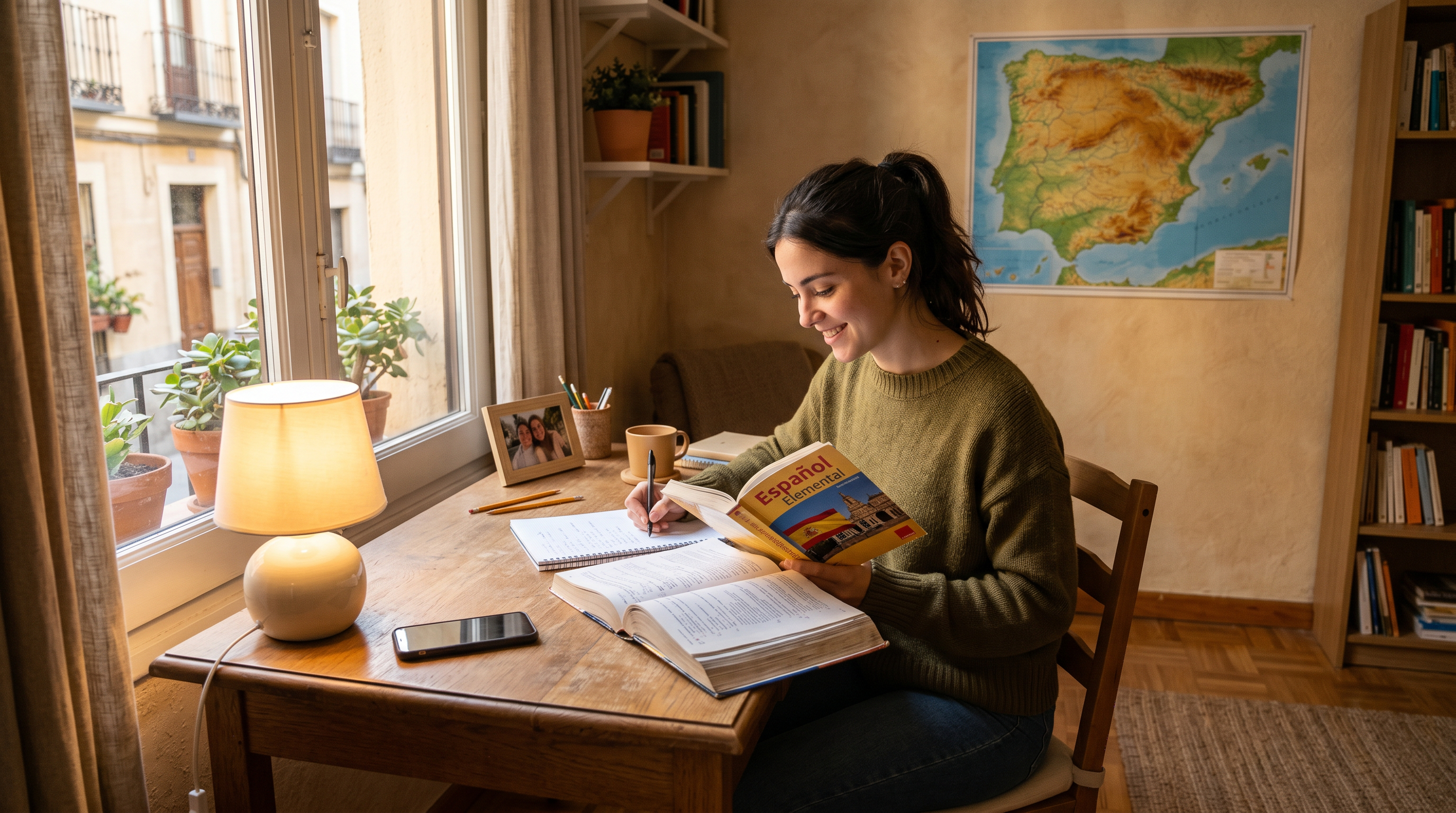 A beginner Spanish reading scene about objects in a room