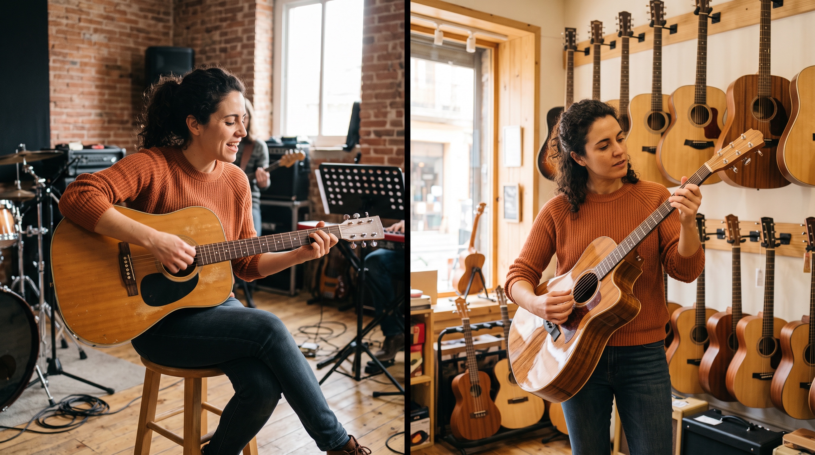 Contrast between playing a guitar and choosing one guitar
