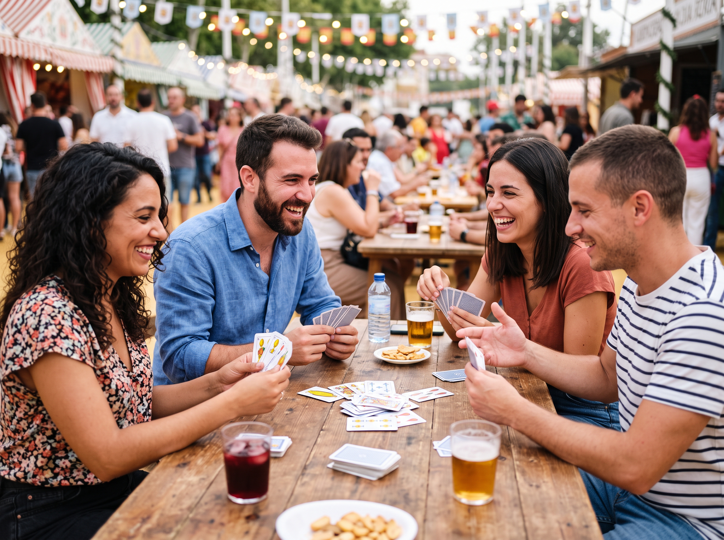 A small group of adult friends playing cards at a festival table