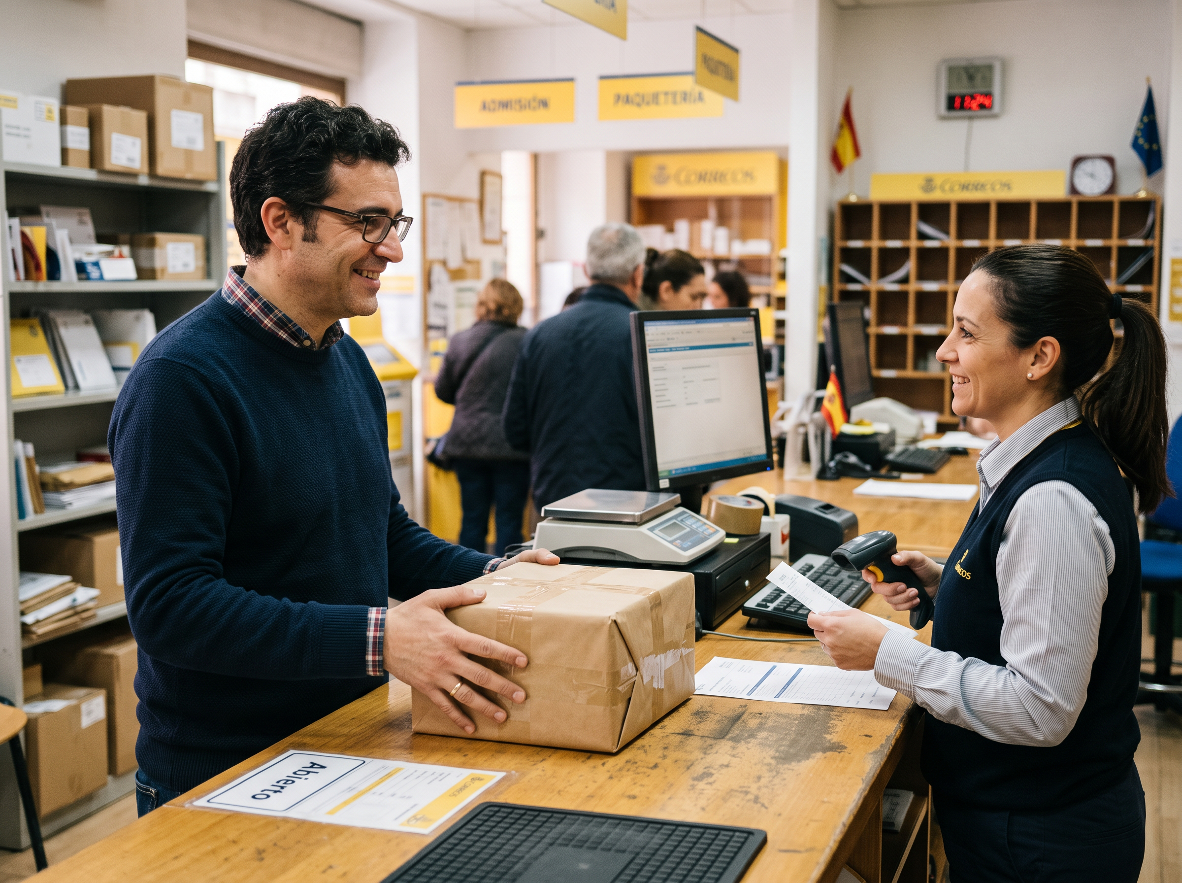Carlos posting a parcel at a Spanish post office counter