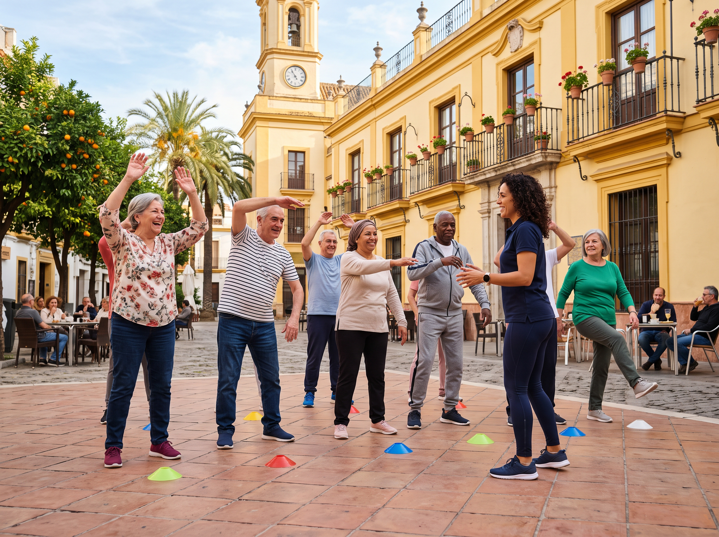 Adult community group doing gentle gymnastics in a town square