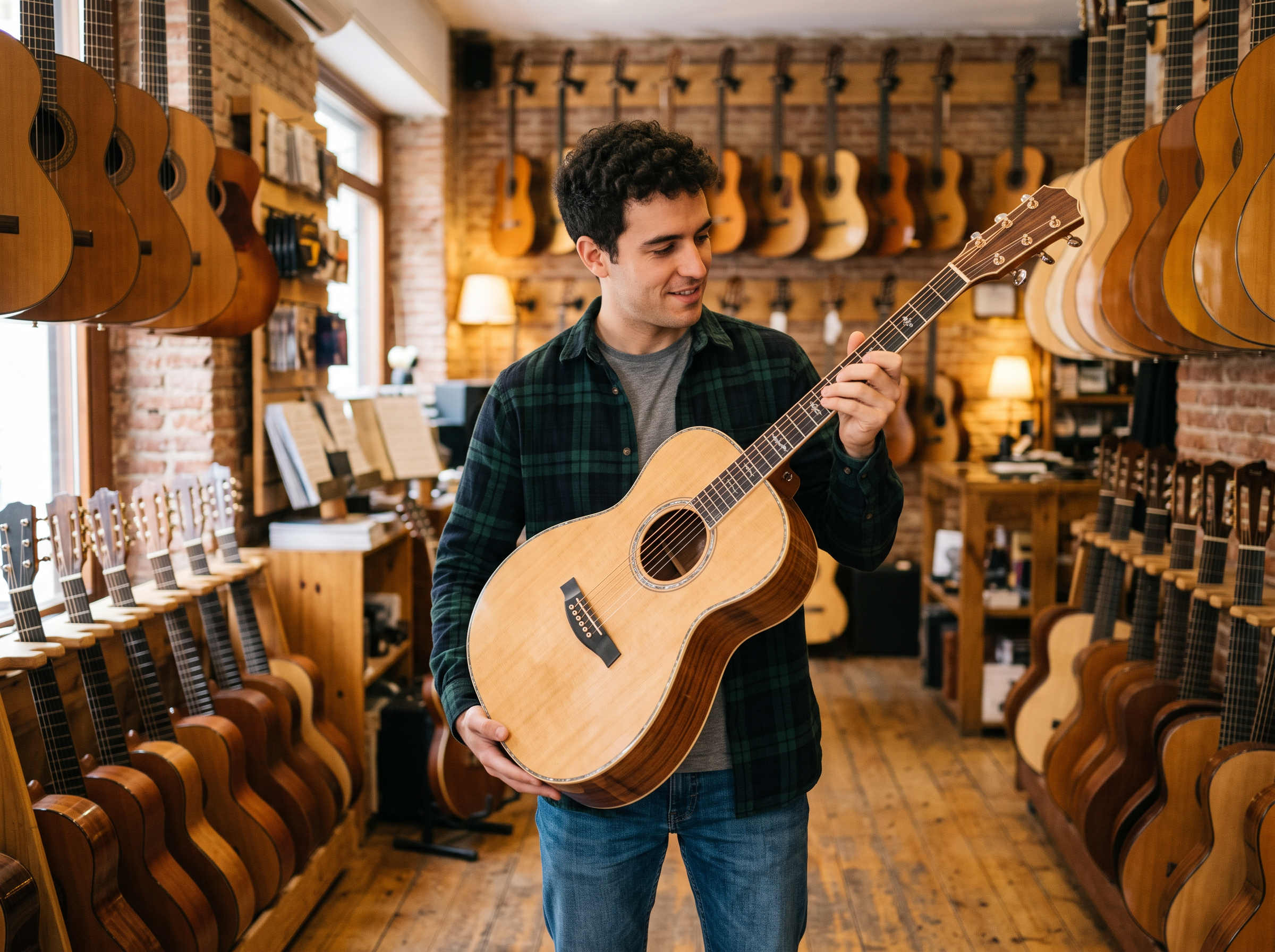 Mateo choosing one new acoustic guitar in a small music shop