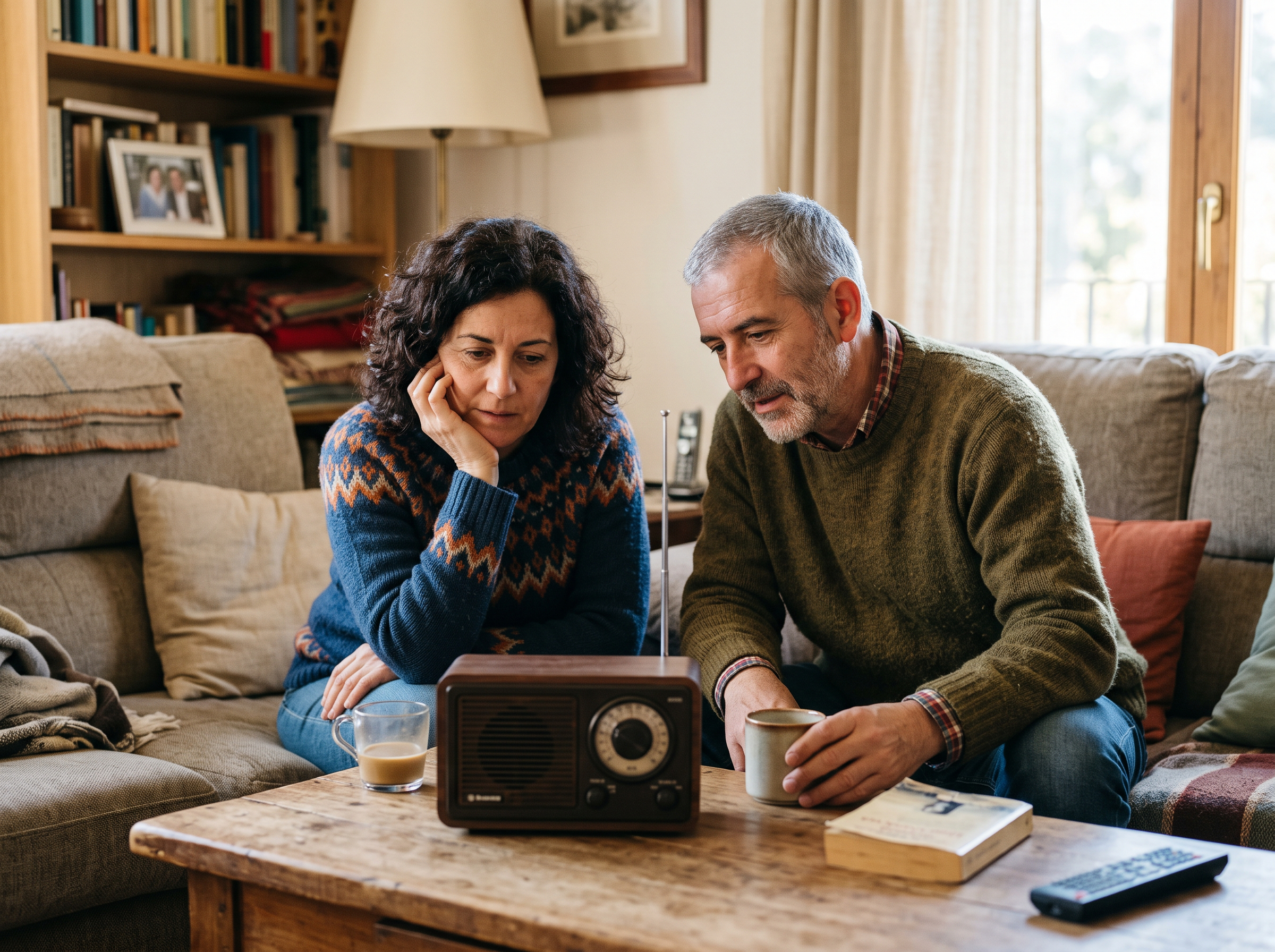 Two adults listening attentively to a radio news programme at home