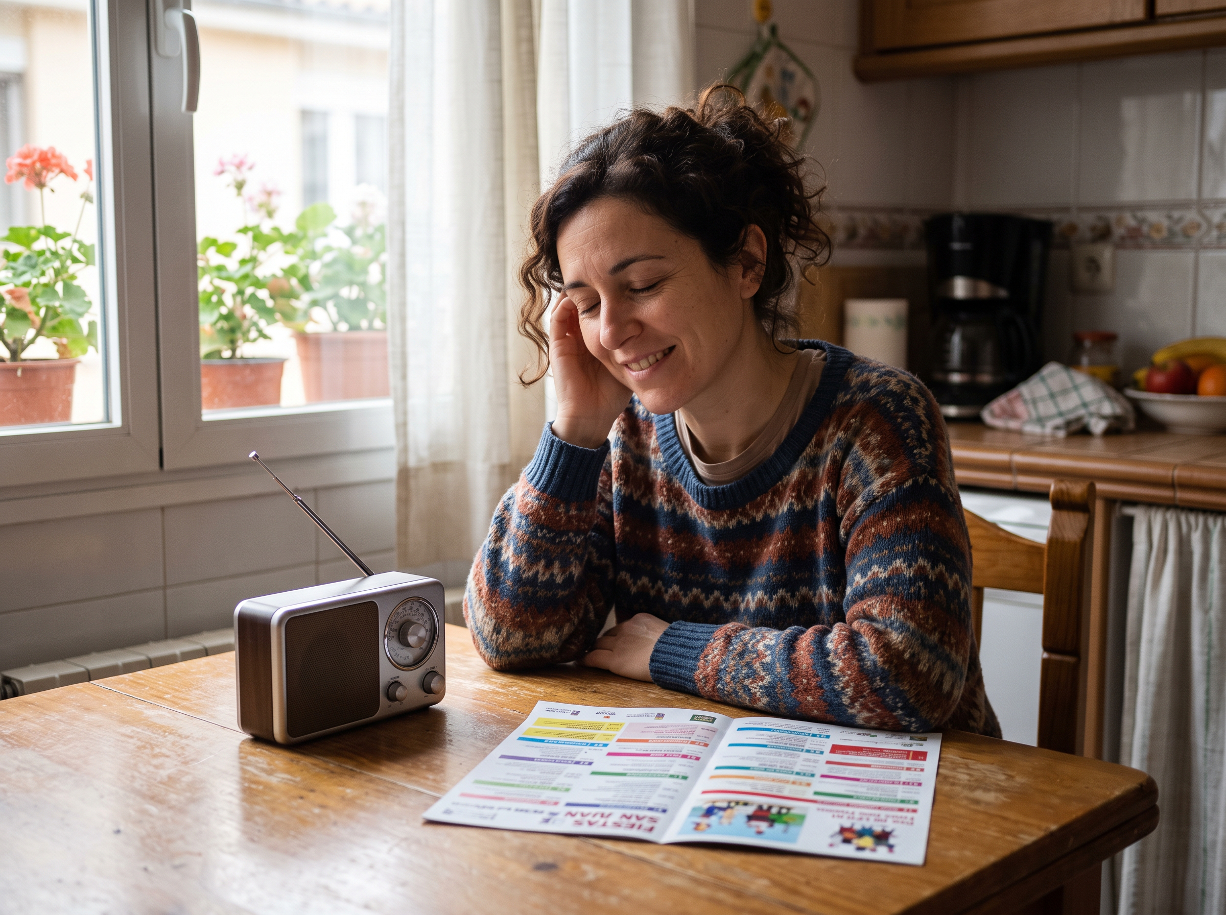 Inés listening to a radio programme beside a festival schedule