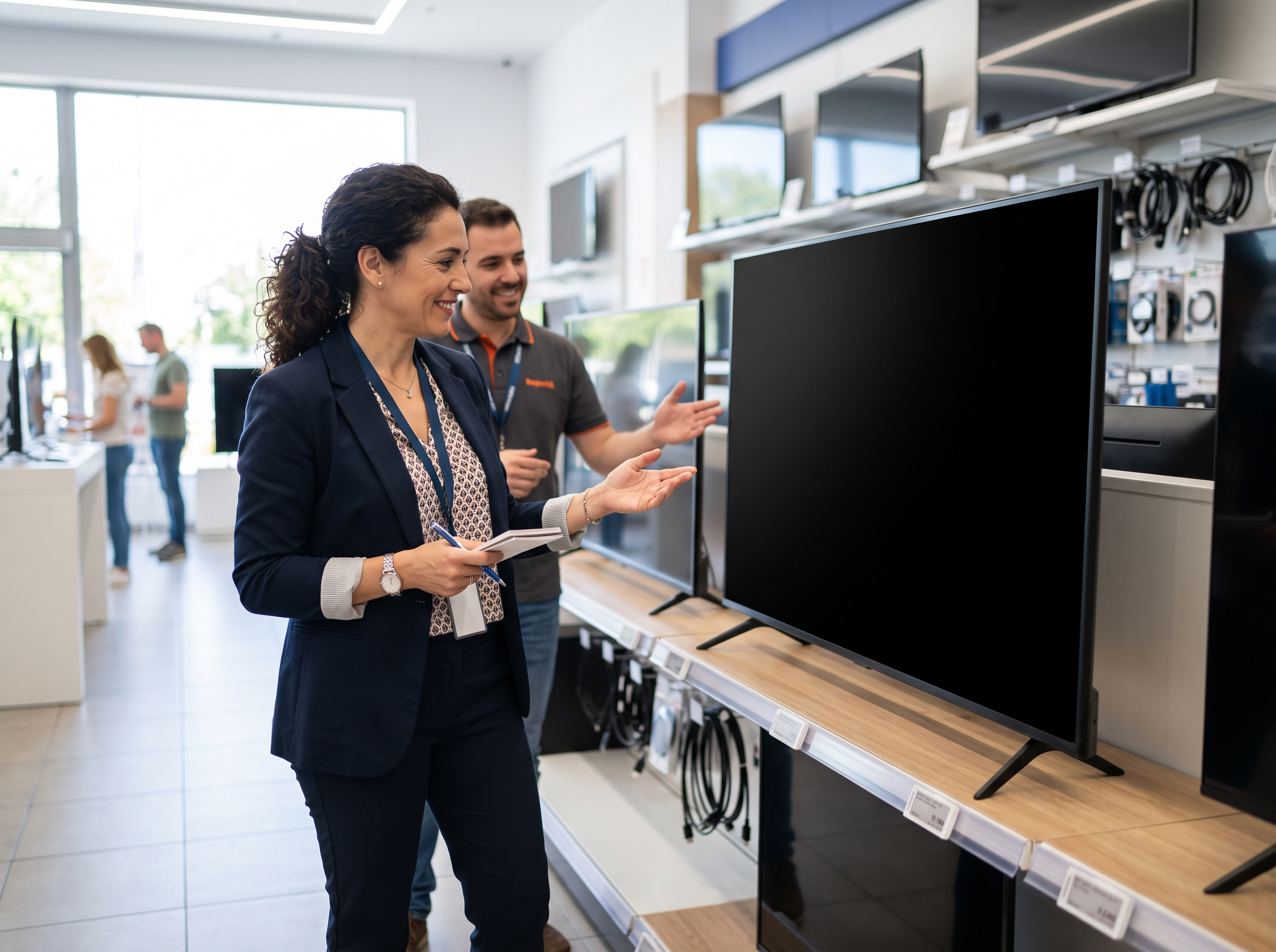 A cultural center manager selecting one television set in an electronics shop