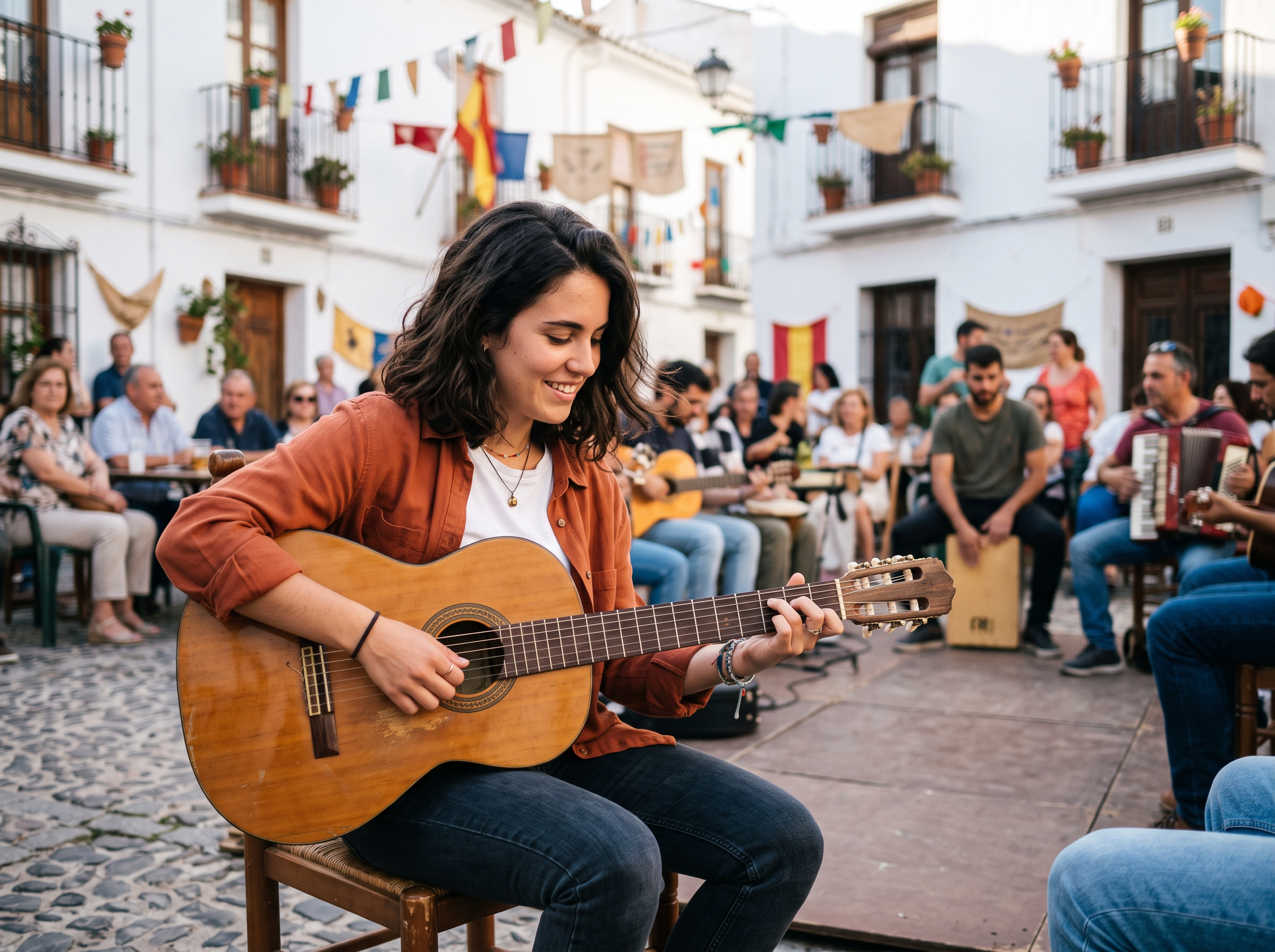 Lucía playing an acoustic guitar during rehearsal