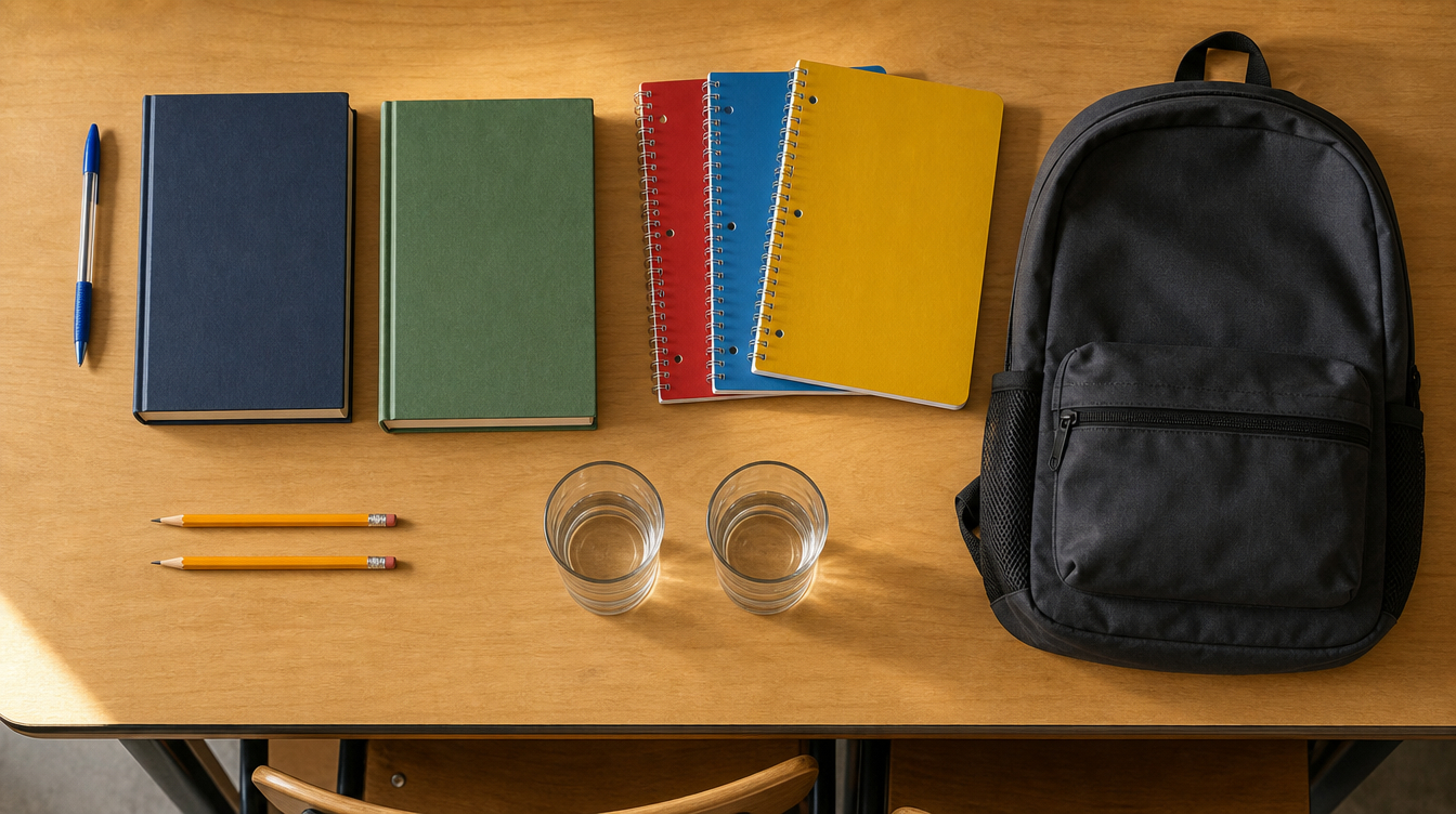 A desk scene with multiple books used for Spanish plural practice