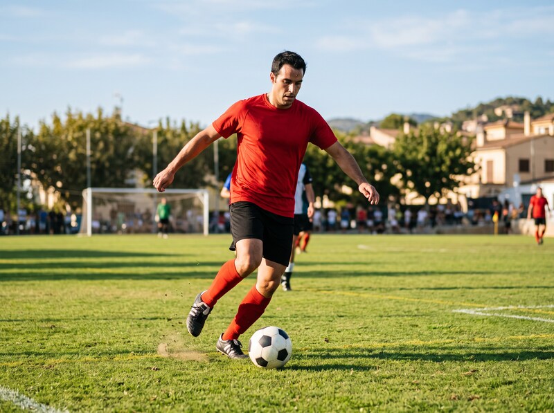 An adult playing football on a bright outdoor pitch