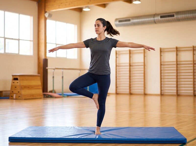 An adult woman doing gymnastics in a bright gym