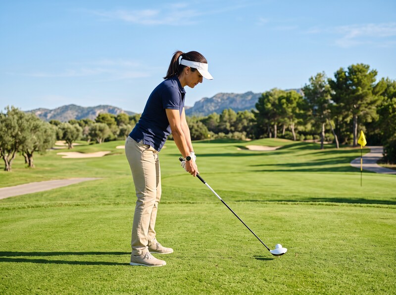 An adult golfer preparing a swing on a green course