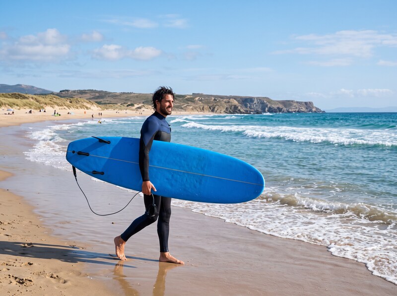An adult surfer carrying a board beside a sunny beach