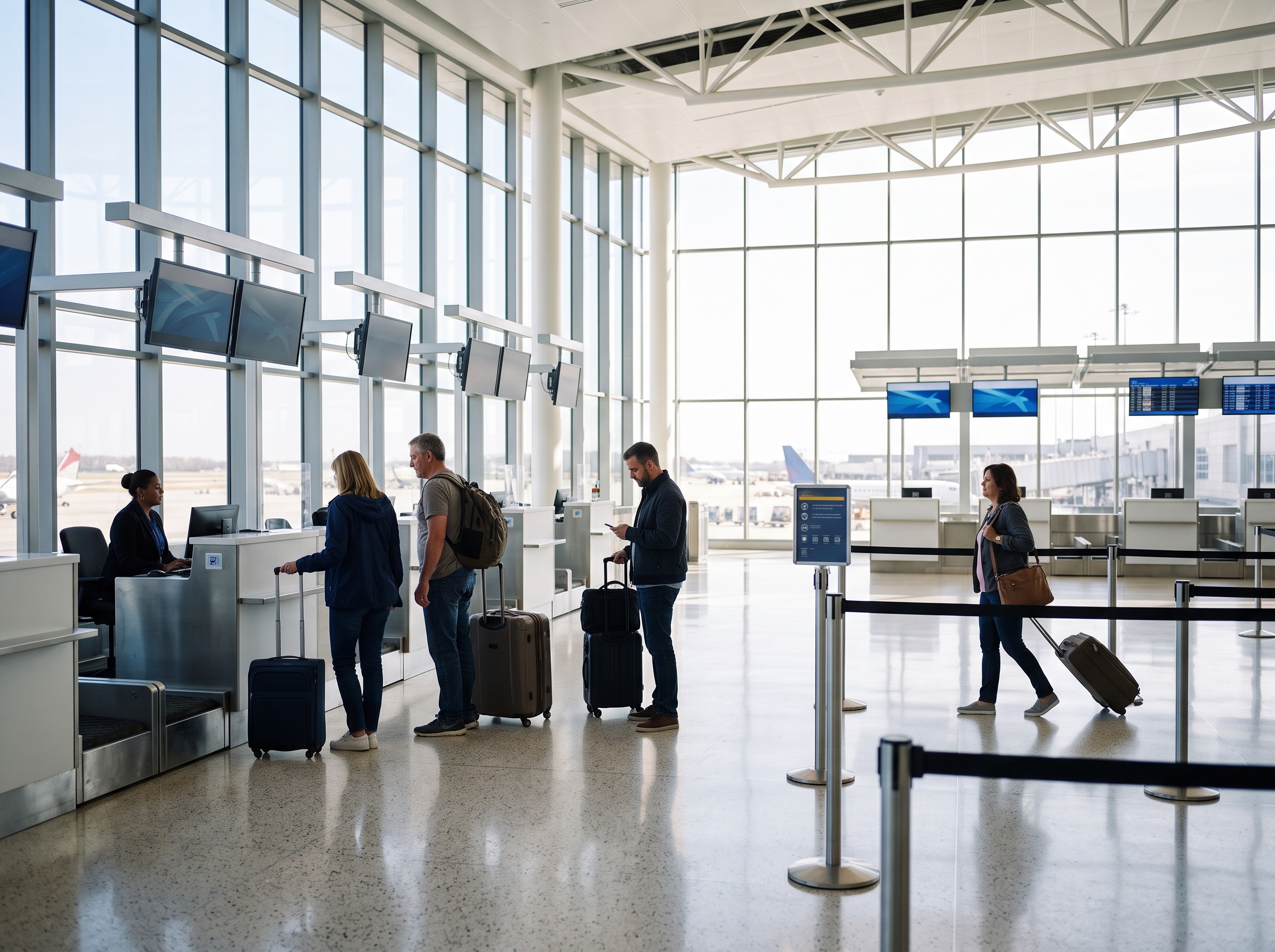 Airport check in hall with travelers