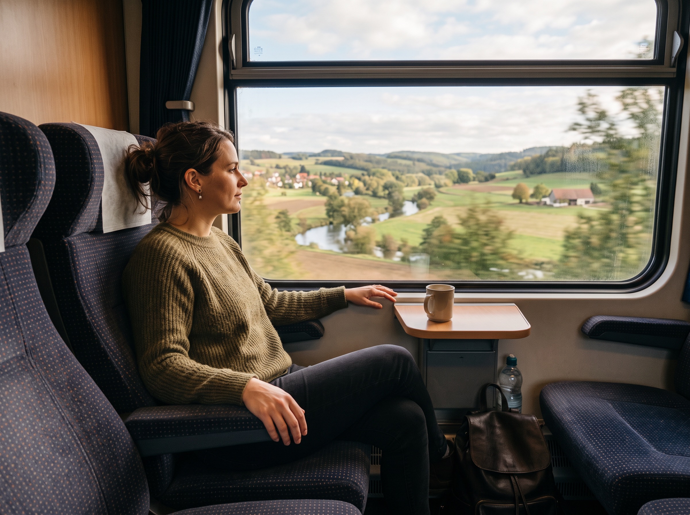 Marta sitting in a window seat on a train