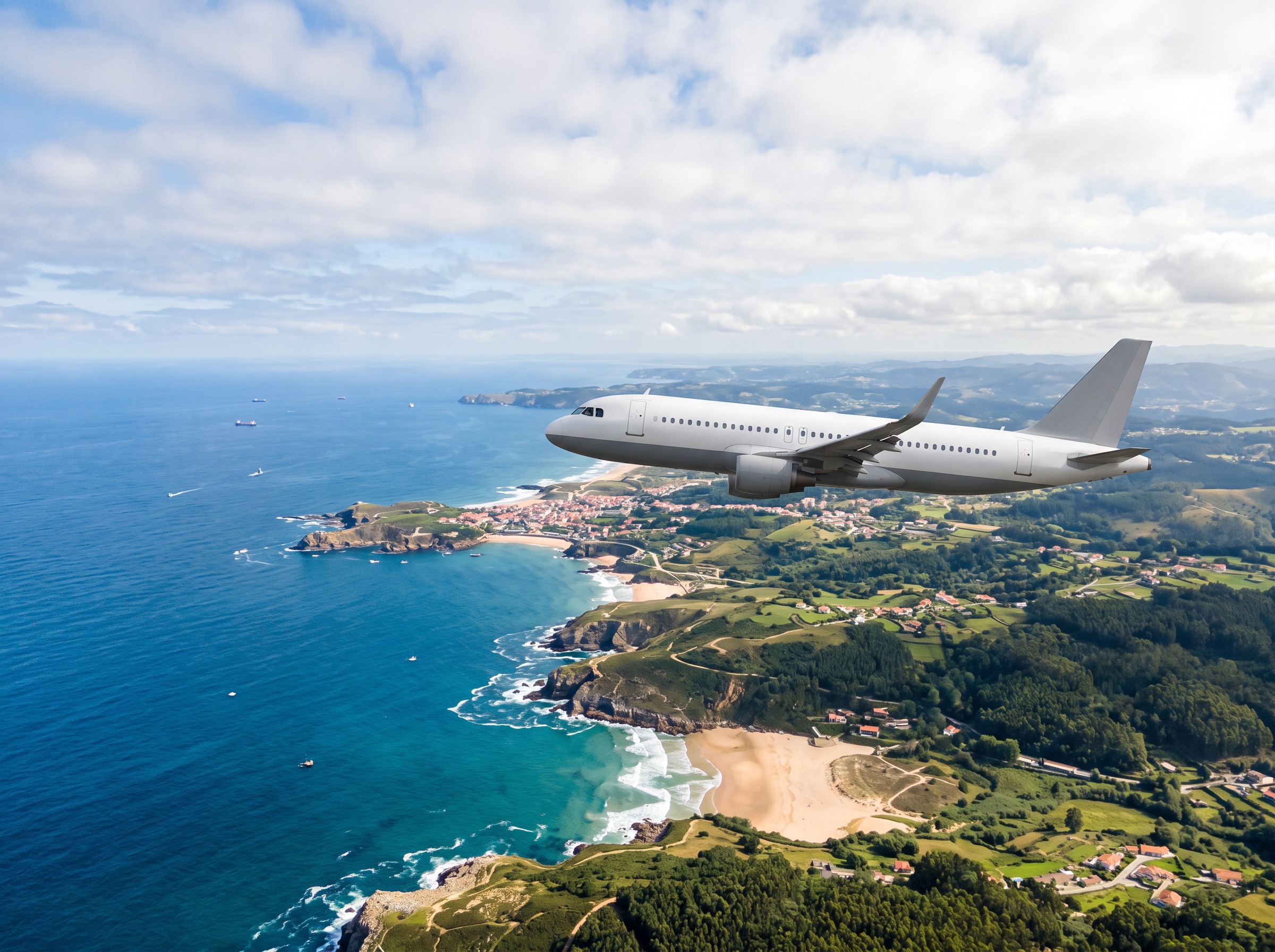 Airplane above a bright coast