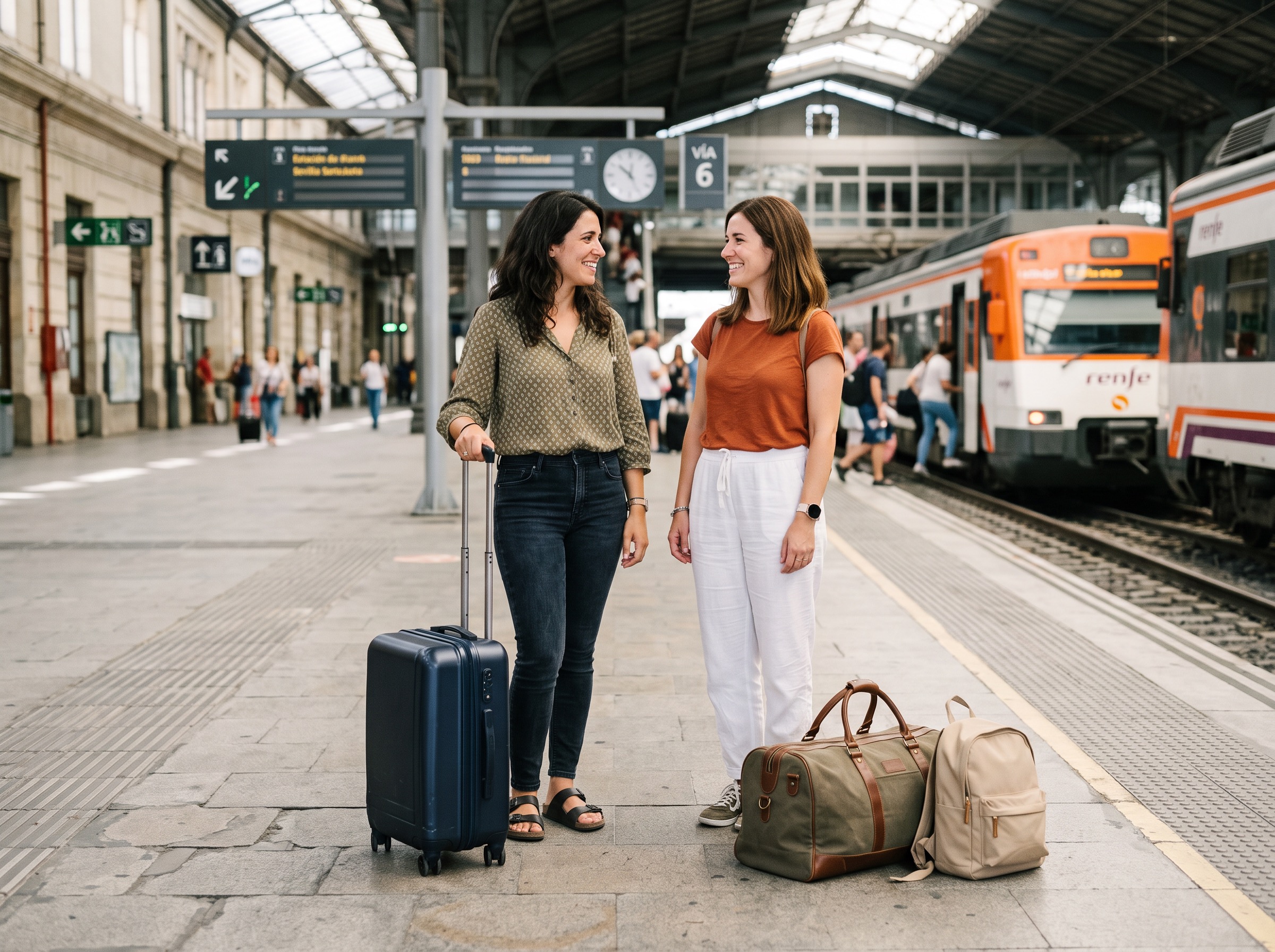 Travel luggage beside two friends at a station