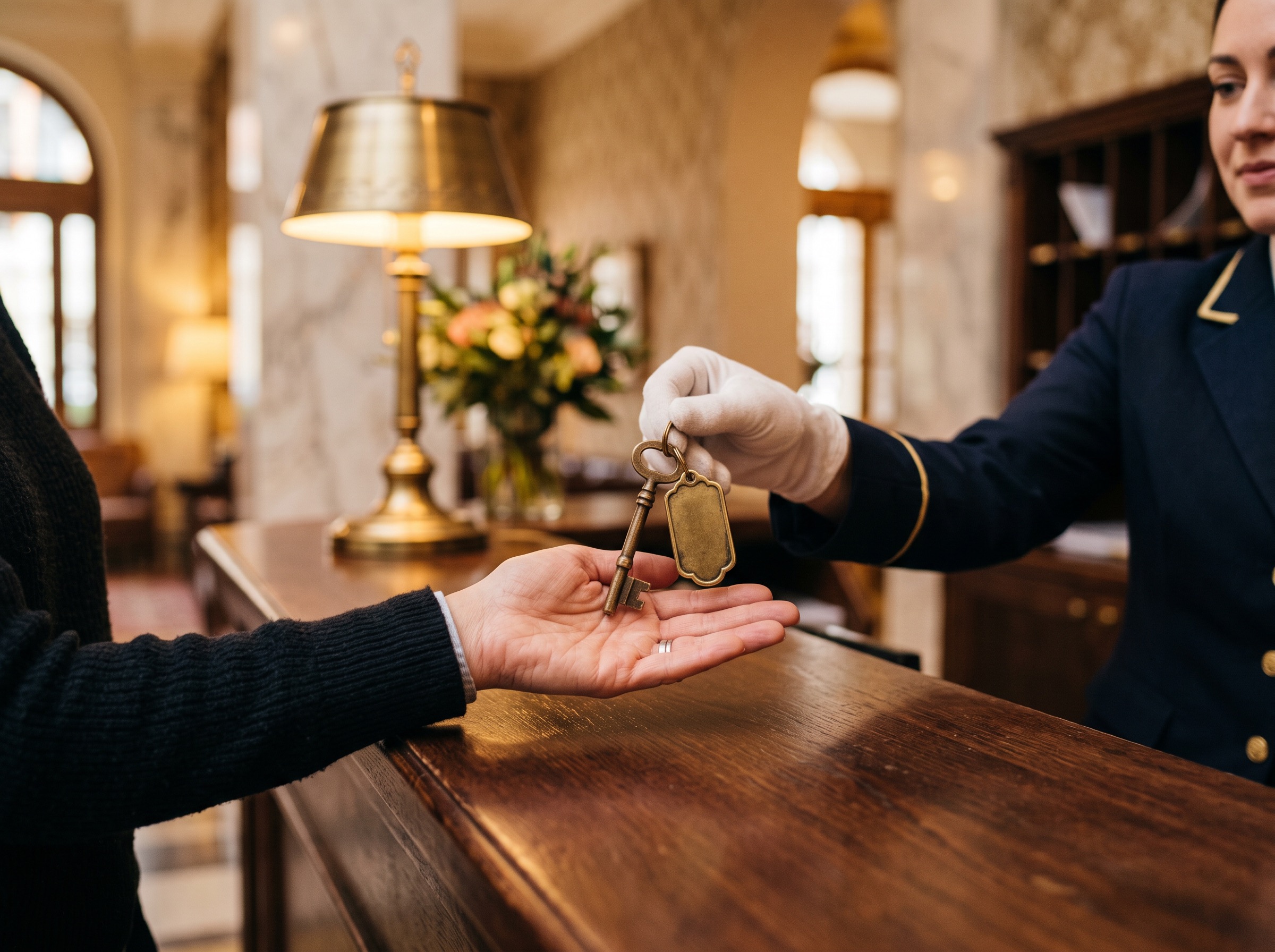 A receptionist giving Carlos one hotel key
