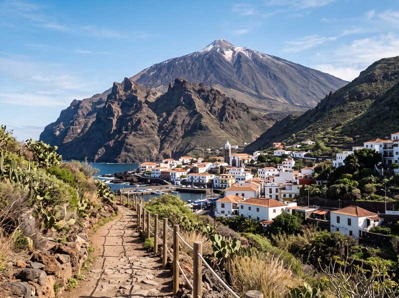 Mountain rising above a travel town