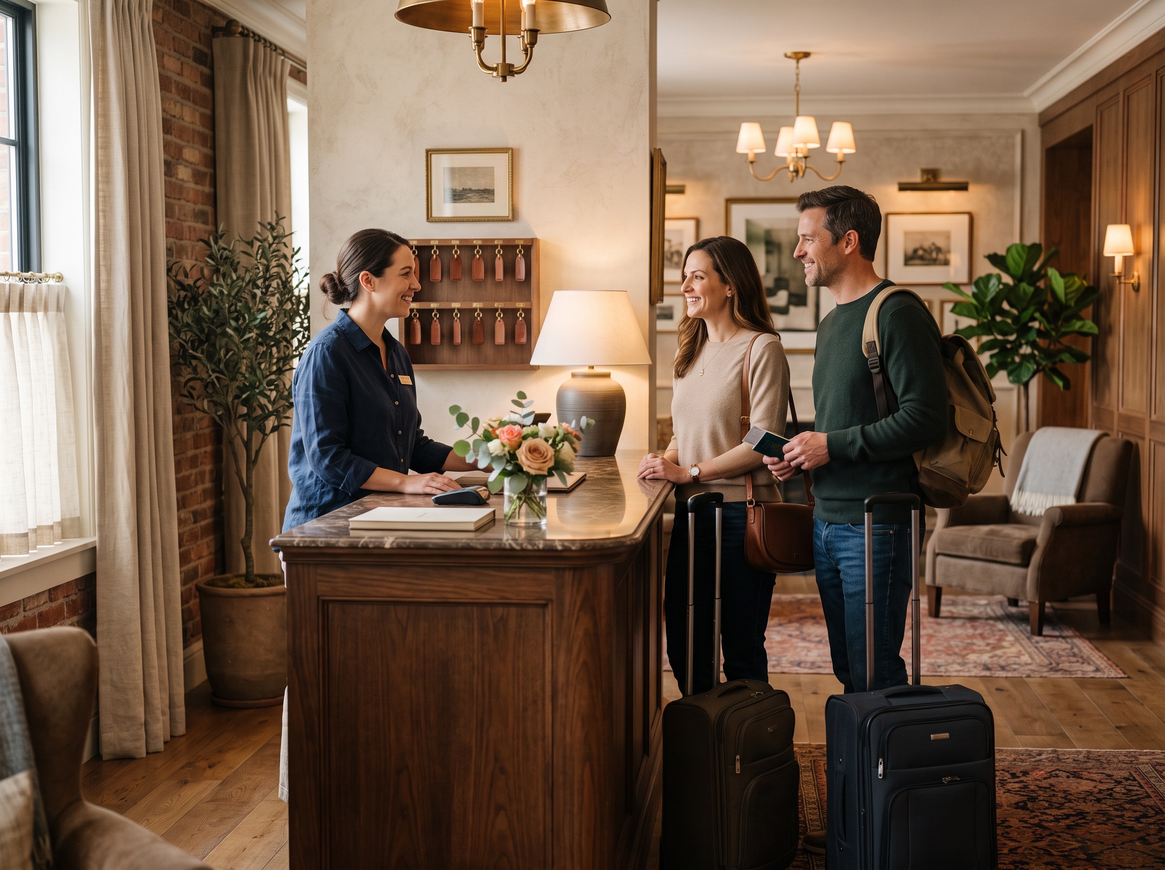 Hotel manager speaking with travelers at reception