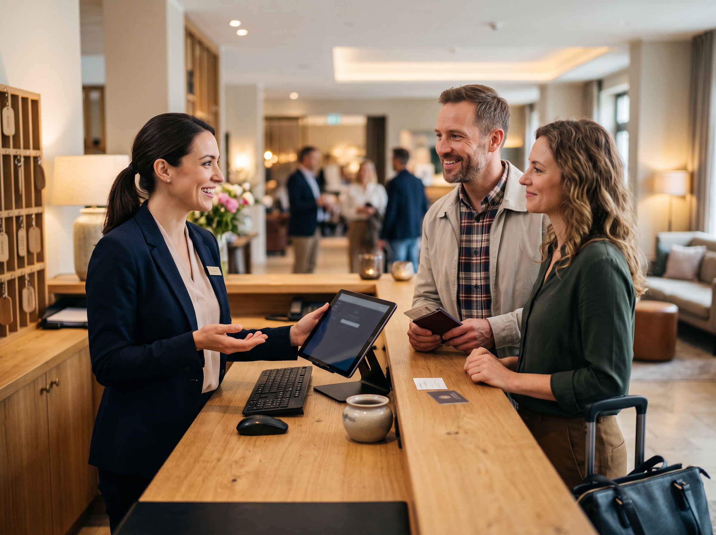Travelers confirming a hotel reservation