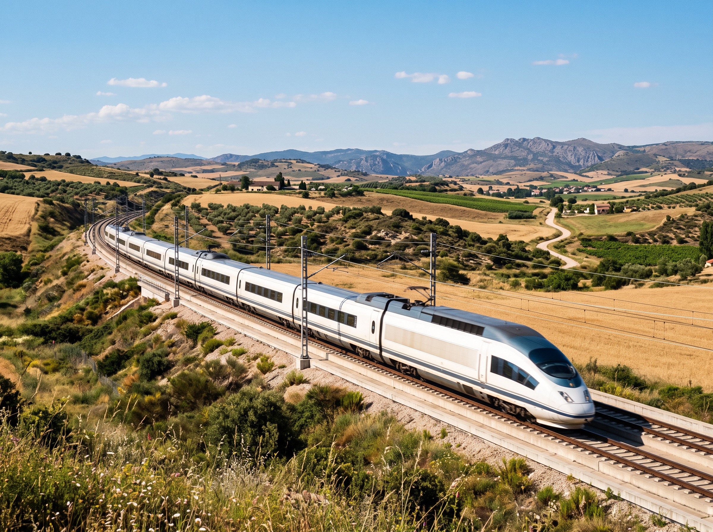 Modern Spanish train on a sunny route