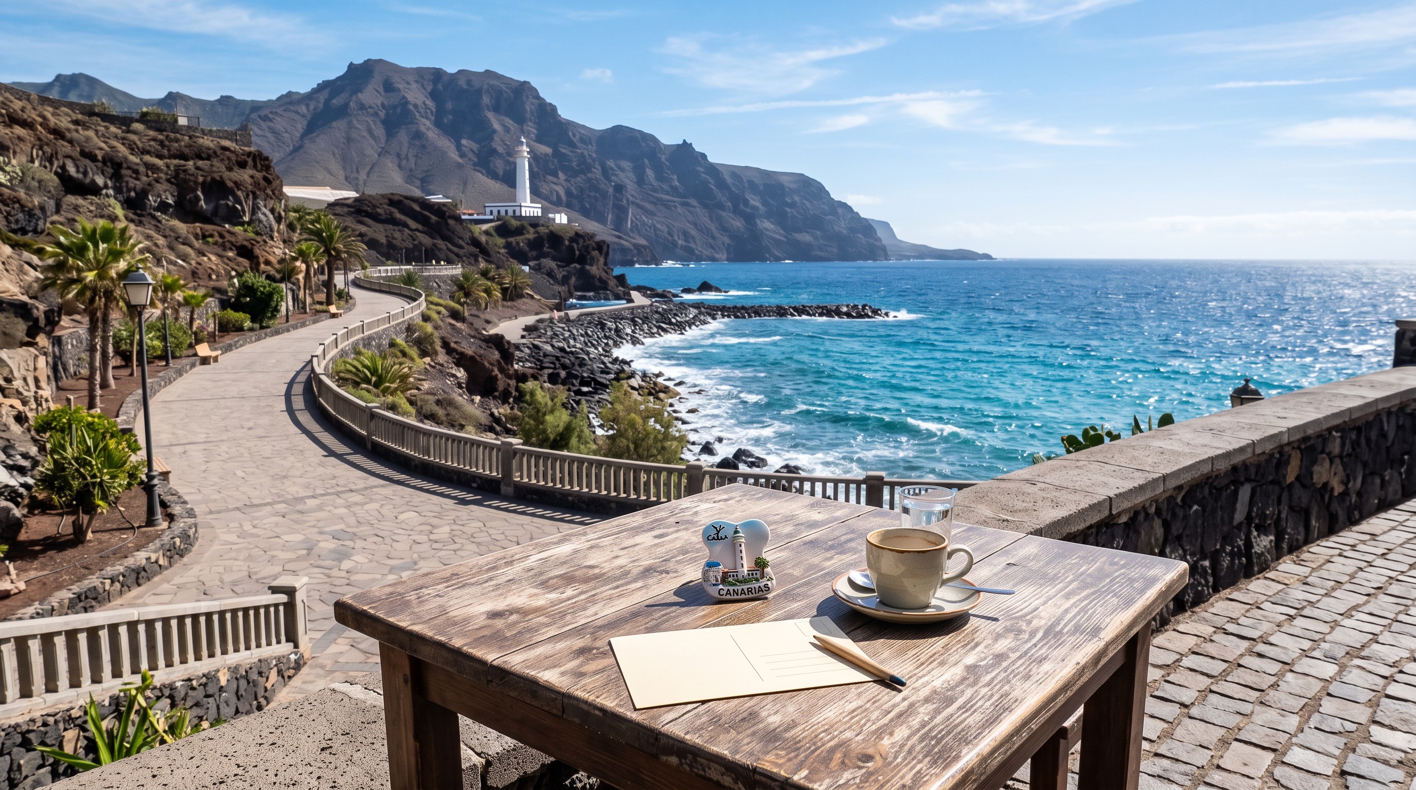 Clara and Mateo on a Canary Island promenade near the Atlantic Ocean