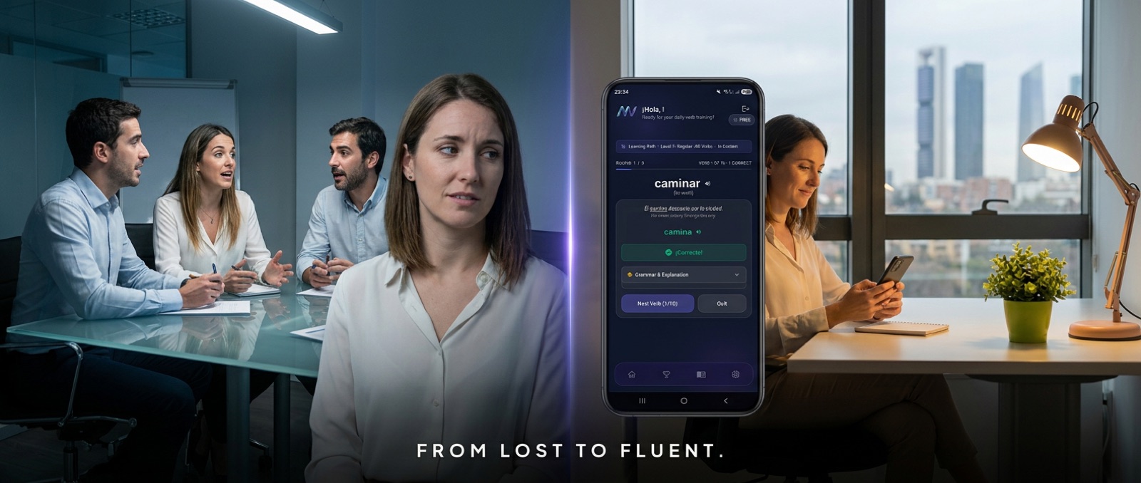 MuyVerbs app shown as a path from lost to fluent in a Spanish work setting