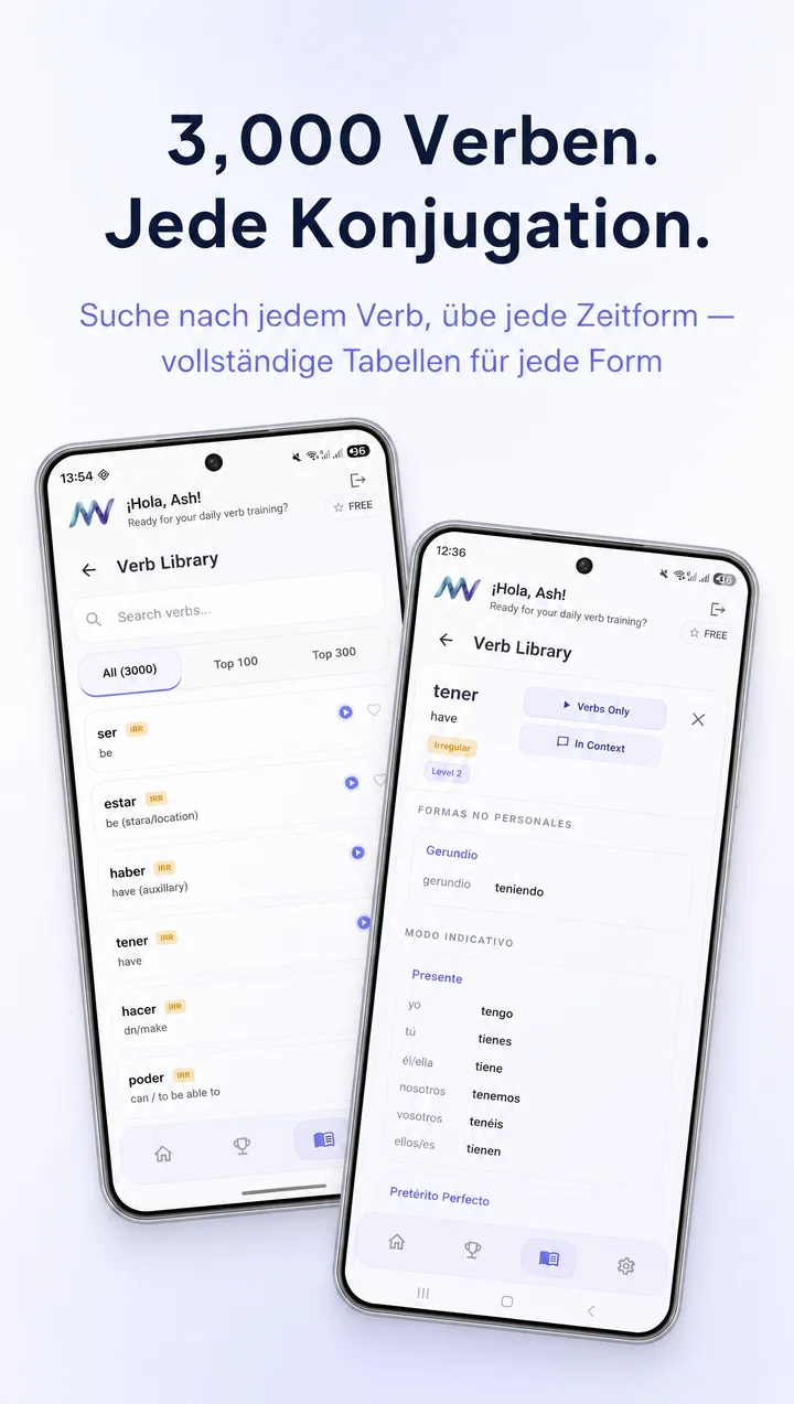 MuyVerbs — 3.000 Verben, jede Konjugation, vollständige Tabellen