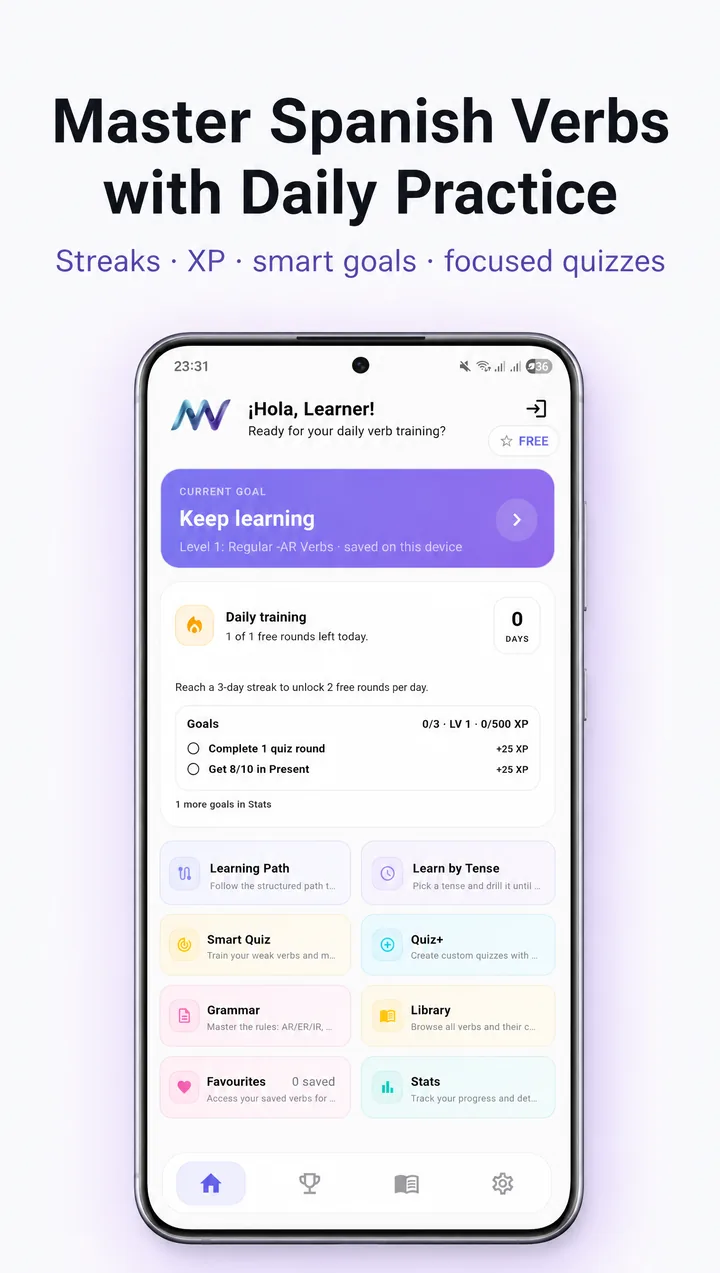 MuyVerbs dashboard — Master Spanish Verbs with Daily Practice
