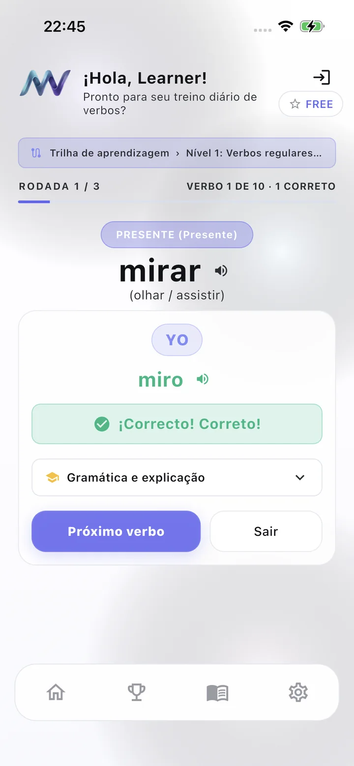 Trilha + gramática MuyVerbs em português