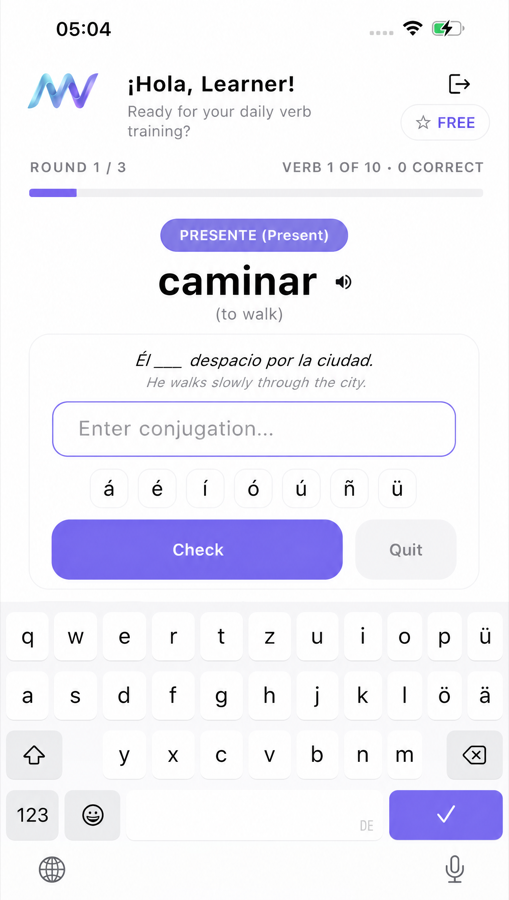 Светлый экран ввода MuyVerbs с инструментами акцентов