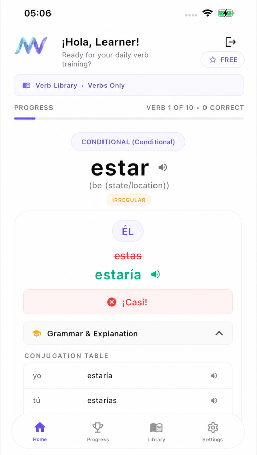 Smart Review MuyVerbs с таблицей условного времени