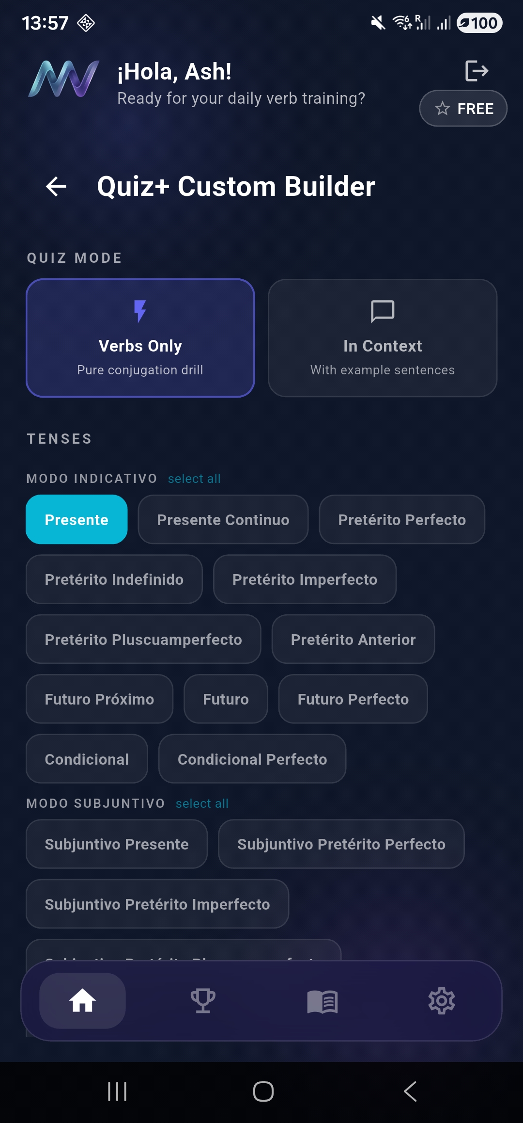MuyVerbs Quiz Plus custom builder screen with tense chips